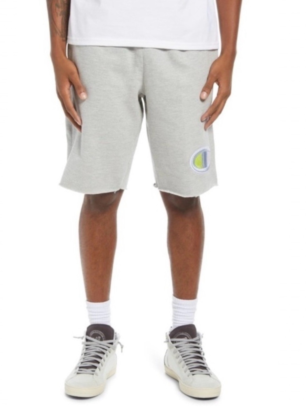 Champion Reverse Weave Cut-Off Fleece Shorts Small Gray Raw Hem